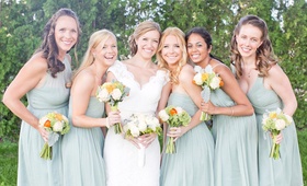 Mismatched Seafoam Bridesmaid Dresses
Photography: Cassi Claire Photography
Read More:
http://www.insideweddings.com/weddings/casually-chic-country-club-wedding-in-new-york-with-pastel-details/662/ Bride in a lace Watters dress and bridesmaids in different seafoam J.Crew dresses