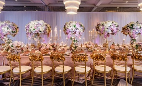 Purple %26 Pink Spring Inspiration
Photography: Amy Anaiz Photography
Read More:
http://www.insideweddings.com/weddings/luxe-springtime-wedding-inspiration-shoot-with-delectable-desserts/1120/ Wedding reception long table decoration ideas candelabra tall centerpiece gold chairs ruffle backs