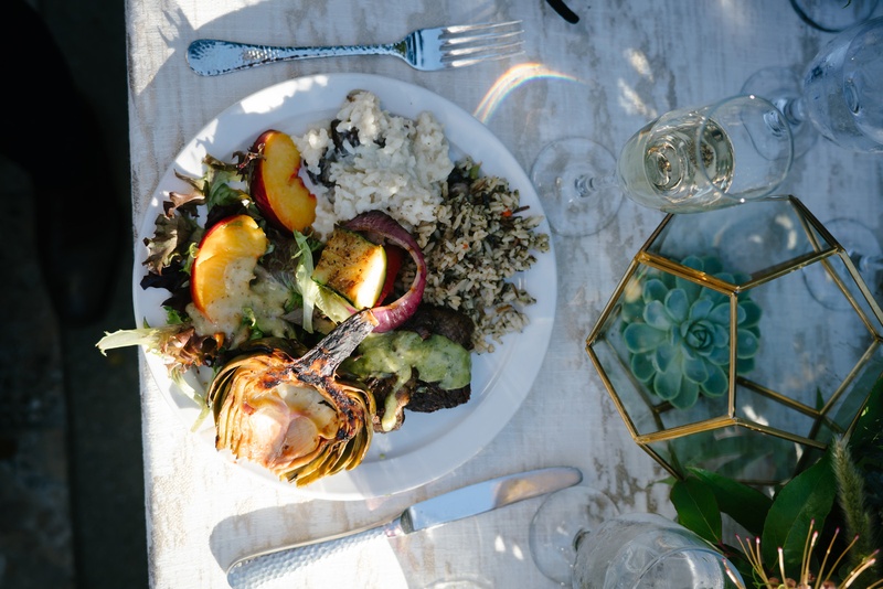 Dinner with Local and Seasonal Produce
Photography: Karlisch Photography
Read More:
http://www.insideweddings.com/weddings/modern-rustic-wedding-full-of-flowers-and-geometric-details/906/ wedding salad with peaches, artichokes, onions, rice, local produce to central california