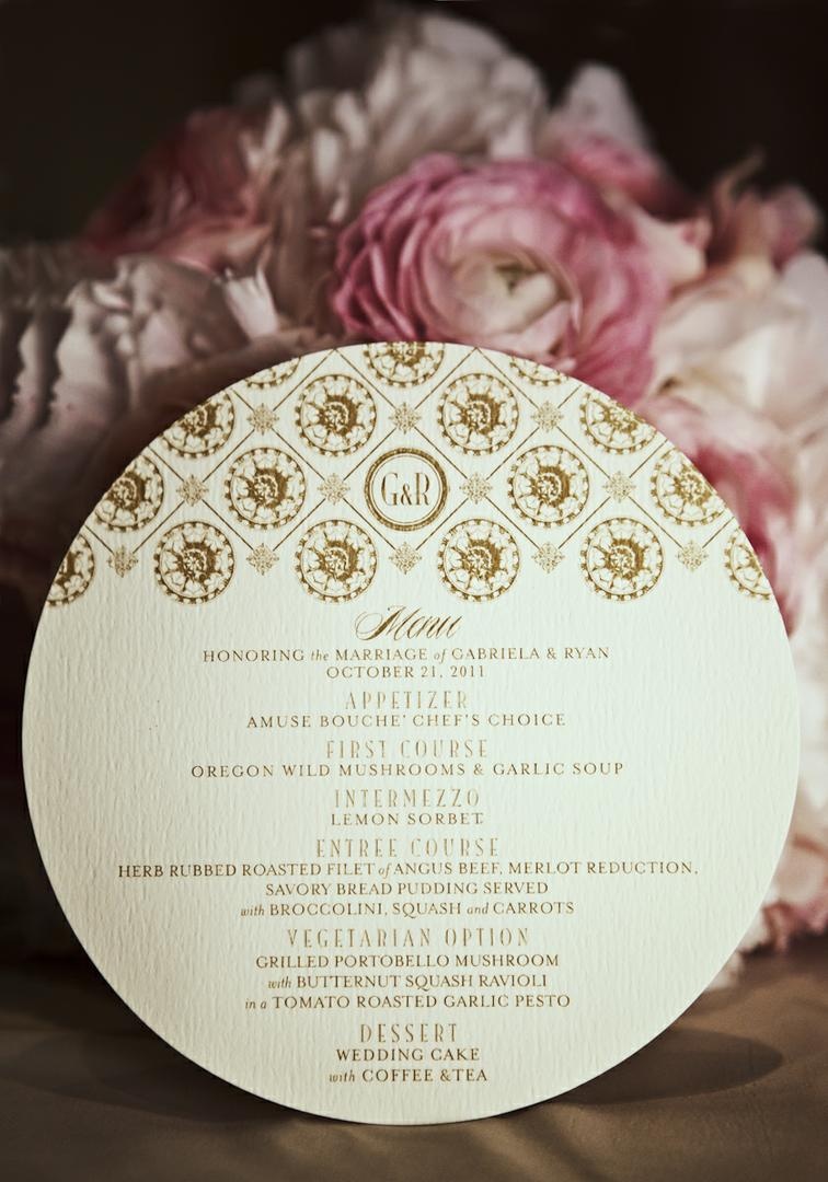 Round Menu Card
Photography: Catherine Hall Studios
Read More:
http://www.insideweddings.com/weddings/metropolitan-san-francisco-wedding-at-luxury-hotel/411/ Gold motif and monogram on circular menu