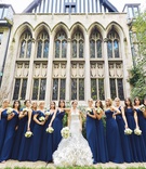 Large Bridal Party in Navy Blue
Photography: Carasco Photography
Read More:
http://www.insideweddings.com/weddings/rustic-chic-wedding-with-personalized-modern-details-in-chicago/1366/ bride in strapless mermaid wedding dress ruffle skirt bridesmaids in navy blue mismatch neckline