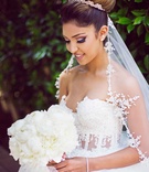 Bride in Updo Smiles with Bouquet
Photography: Duke Photography
Read More:
http://www.insideweddings.com/weddings/persian-american-wedding-with-mirror-detailing-in-newport-beach-ca/862/ bride smiling bouquet bold makeup eye shadow wedding look big bun up-do white bouquet
