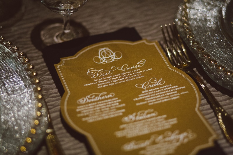 Art Deco-Inspired Menu
Photography: J. Cogliandro Photography
Read More:
http://www.insideweddings.com/weddings/angela-mecca-and-owen-daniels/540/ White and gold menu card with calligraphy
