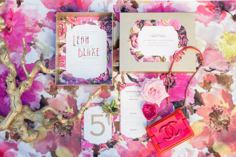 Floral Pattern on Table Linen and Paper Products Inspired by Chanel
Photography: Thisbe Grace Photography
Read More:
http://www.insideweddings.com/weddings/dramatic-wedding-shoot-inspired-by-alexander-mcqueen-chanel/749/ pink floral table linen white and pink wedding menu coco chanel inspired gold branch chanel purse