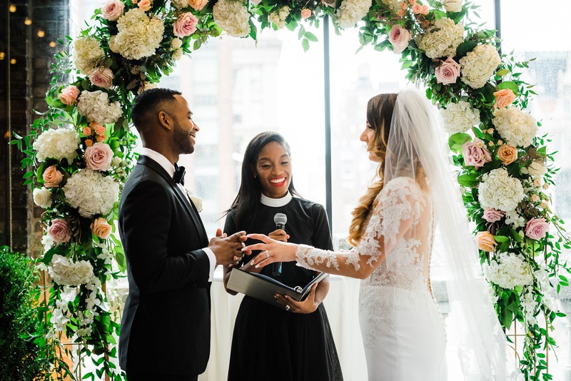 Rounded Floral Arch
Photography: Kesha Lambert Photography
Read More:
http://www.insideweddings.com/weddings/personalized-ceremony-with-pink-florals-at-a-loft-in-new-york-city/1210/ classic floral arch at wedding with garden roses, peonies, and dahlias