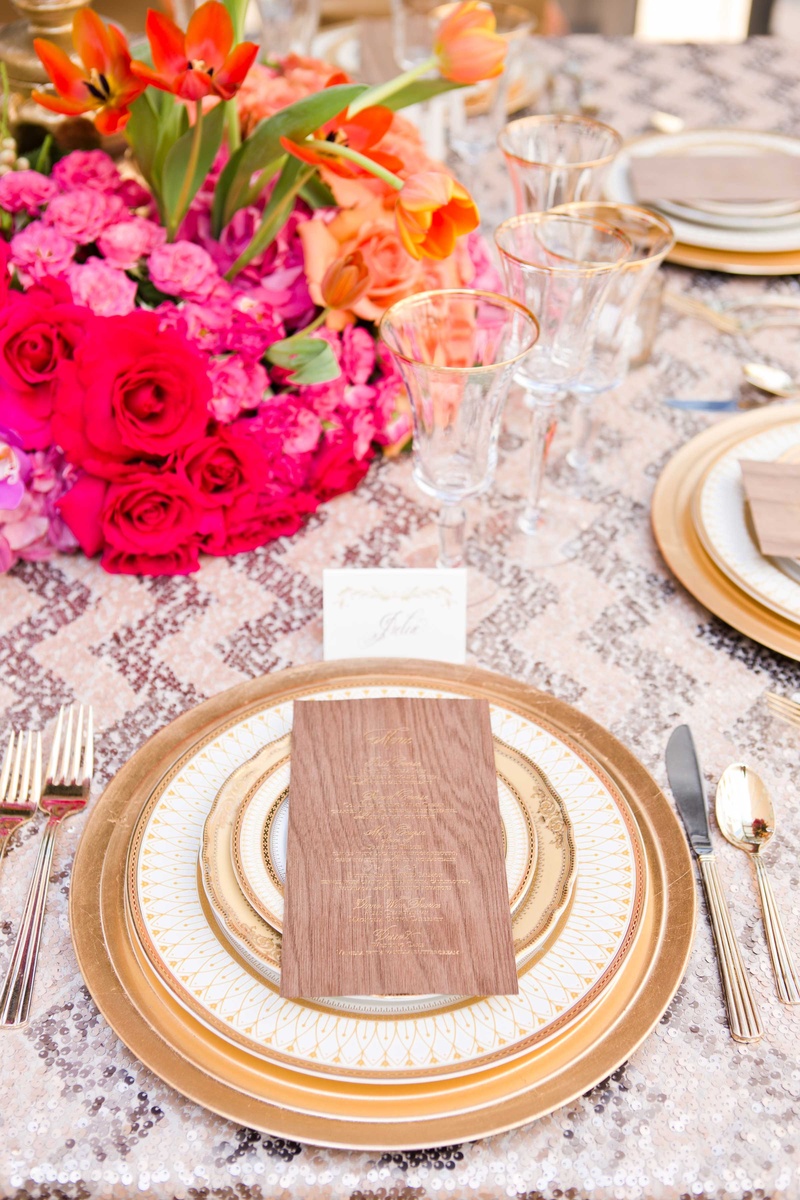 Bold Tablescape with Metallic, Wood Details
Photography: Thisbe Grace Photography
Read More:
http://www.insideweddings.com/weddings/fall-inspired-wedding-styled-shoot-featuring-bold-metallic-details/868/ bold tablescape metallic wood details pink purple orange gold wedding styled shoot reception