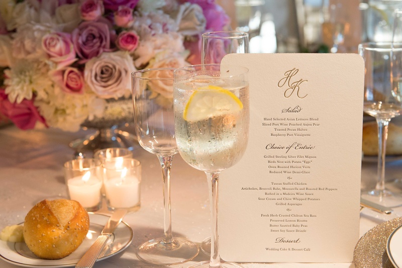 Monogram on Classic Wedding Menu
Photography: Brett Matthews Photography
Read More:
http://www.insideweddings.com/weddings/regal-outdoor-ceremony-ballroom-reception-at-oheka-castle-in-ny/821/ Wedding menu card with rounded corners, gold monogram, and salad, entree, dessert choices