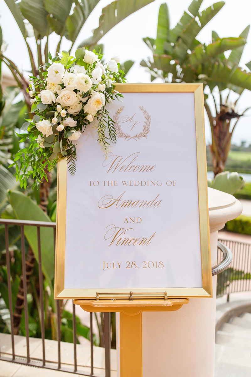 Flower-Adorned Sign
Photography: Chard Photo
Read More:
http://www.insideweddings.com/weddings/alfresco-ceremony-on-the-coast-classic-ballroom-reception/1290/ wedding welcome sign in gold frame with flower arrangement in the corner