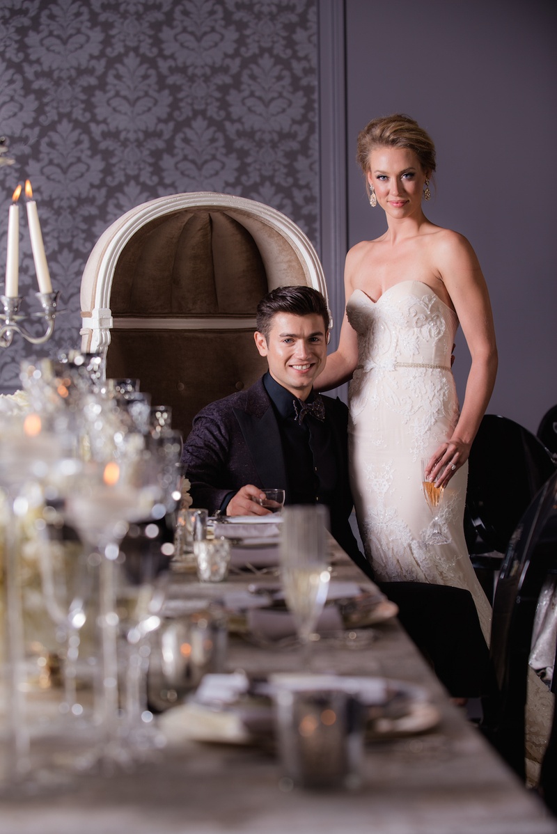 Bride %26 Groom at Chic Head Table
Photography: Gold Grid Studios
Read More:
http://www.insideweddings.com/weddings/celebratory-wedding-shoot-with-elegant-romantic-decor-in-chicago/728/ Bride in a strapless Inbal Dror gown, groom in smoking jacket, drinks in hand at reception table