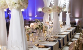 Long Table, White Detailed Linen, Sheer Structure
Photography: Old South Studios
Read More:
http://www.insideweddings.com/weddings/glamorous-north-carolina-wedding-with-a-wintry-shakespeare-motif/984/ long table white detailed linen sheer structure north carolina wedding head table navy gold