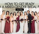 bride with bridesmaids in crimson and blush dresses, bridesman in tux carrying bouquet