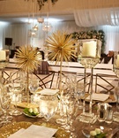 Modern Centerpiece with No Flowers
Photography: KingenSmith
Read More:
http://www.insideweddings.com/weddings/modern-romantic-wedding-with-glam-geometric-details-in-chicago/1171/ modern wedding reception decorations gold starburst decor candles no flowers crystal stand gold