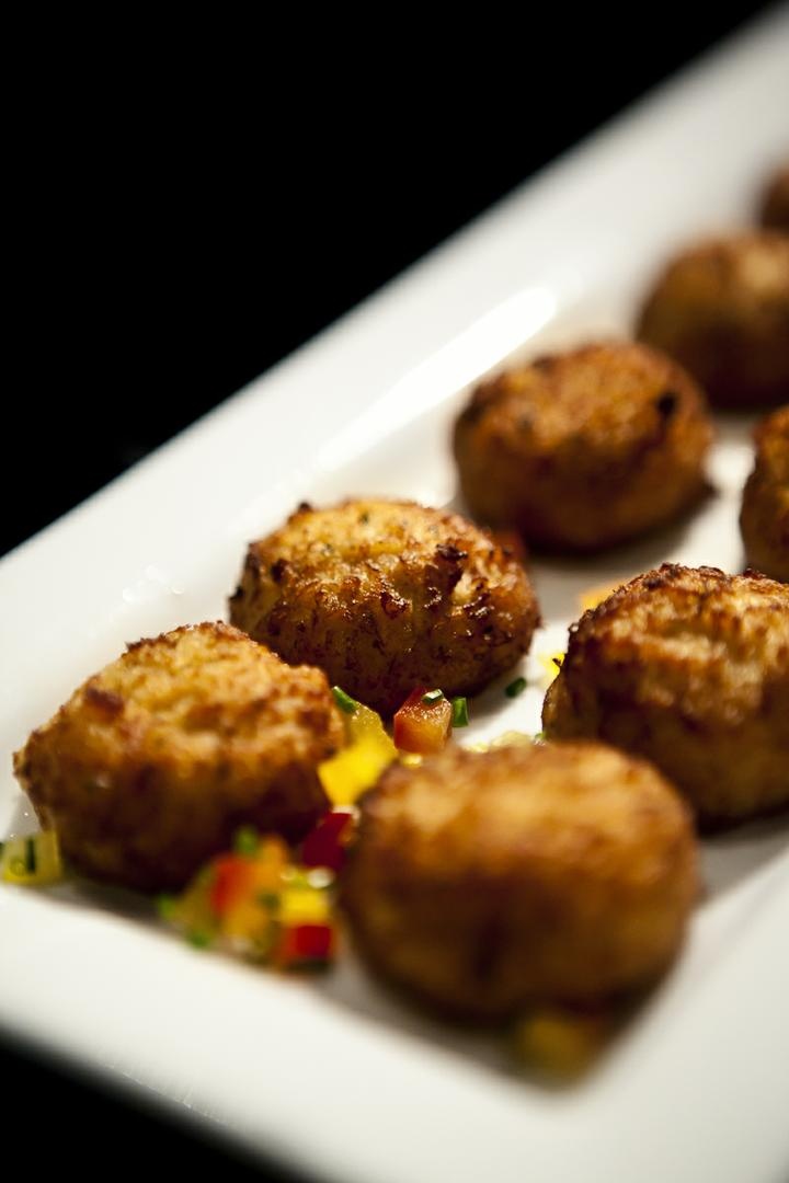 Fried Hors d'Oeuvres
Photography: Catherine Hall Studios
Read More:
http://www.insideweddings.com/weddings/metropolitan-san-francisco-wedding-at-luxury-hotel/411/ Tray-passed croquettes with colorful peppers