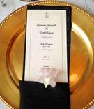 Elegant Place Setting
Photography: Hazelnut Photography
Read More:
http://www.insideweddings.com/weddings/european-influenced-autumn-wedding-in-los-angeles-california/365/ Black and white menu card in napkin on gold plate