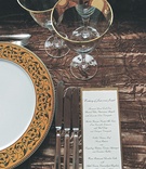 Reception Place Setting
Photography: Imely Photography
Read More:
http://www.insideweddings.com/weddings/jewish-wedding-at-the-john-and-mable-ringling-museum-of-art/174/ Reception place setting with a golden bordered plate and glasses and menu with script font