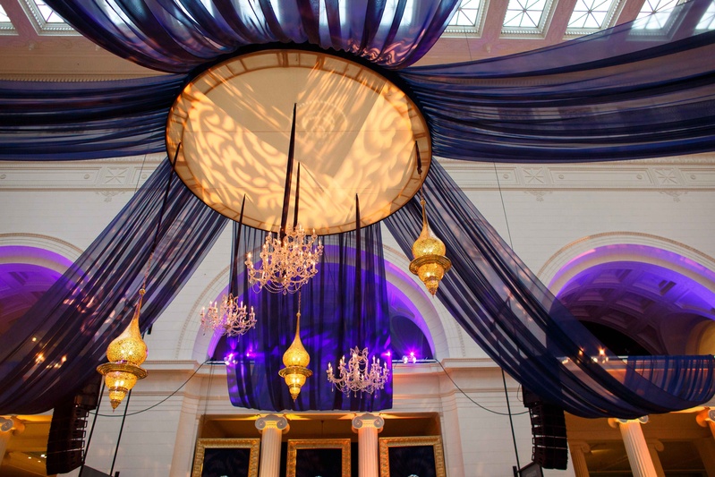 Reception Décor Photos Hanging Light Concept With Sheer Fabric Hanging Lighting Concept And Chandeliers With Sheer Dark Blue Fabric Purple Uplighting