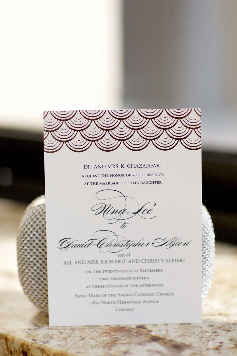 Ballroom Chicago Wedding Invitation
Photography: Amanda Sudimack for Artisan Events
Read More:
http://www.insideweddings.com/weddings/customized-chicago-wedding-with-pink-blush-marsala-color-palette/911/ Ballroom wedding invitation with scallop design motif at top and calligraphy names Gazanfari Alfieri