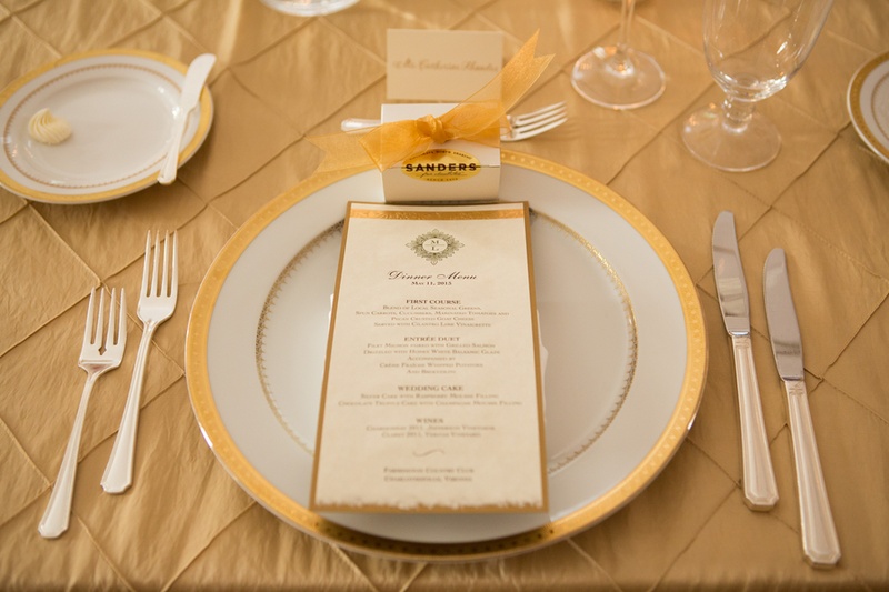 Golden Place Setting
Photography: Aaron Watson Photography
Read More:
http://www.insideweddings.com/weddings/classic-virginia-wedding-inspired-by-grace-kellys-elegance/511/ White and gold charger plate with menu card and wedding favor