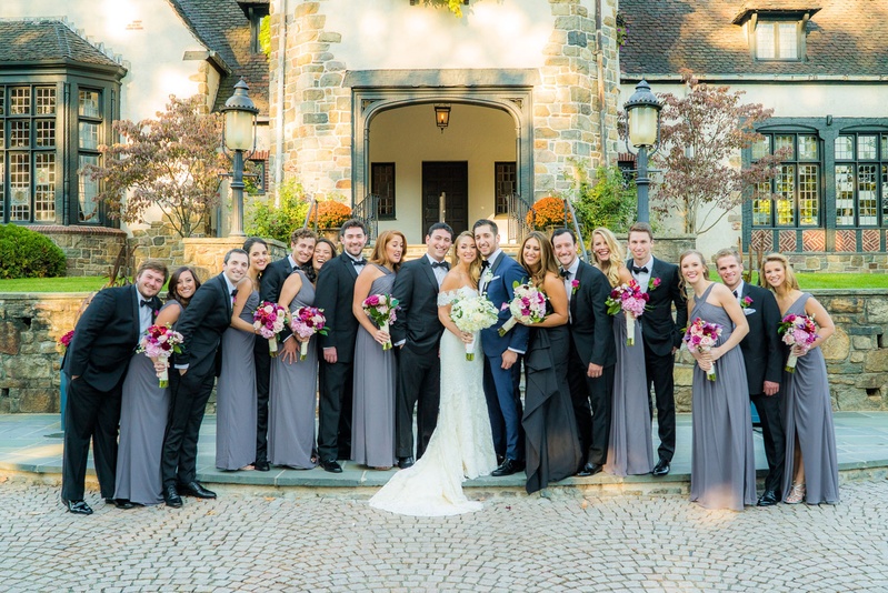 Fun Wedding Party at Château Venue
Photography: Robert Evans for 5th Avenue Digital
Read More:
http://www.insideweddings.com/weddings/outdoor-jewish-wedding-ceremony-at-stunning-chateau-in-new-jersey/1058/ Wedding party bridesmaids in lavender grey gowns and groomsmen in tuxedos bow ties maid of honor