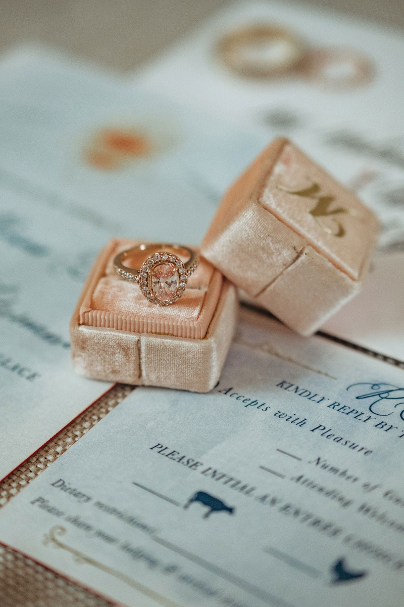 Halo Engagement Ring in Velvet Box
Photography: Joel %26 Justyna
Read More:
http://www.insideweddings.com/weddings/dreamy-winter-destination-wedding-in-an-ice-castle-in-quebec-city/1270/ wedding ring box mrs box with gold initial halo diamond engagement ring rose gold