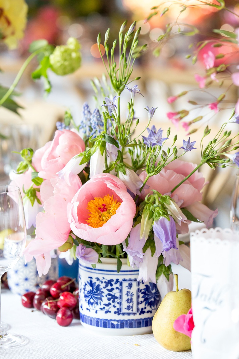 Blue-and-White Chinoiserie Vase
Photography: Maya Myers Photography
Read More:
http://www.insideweddings.com/weddings/colorful-tented-rehearsal-dinner-with-garden-elements-in-brooklyn/1188/ chinoiserie vases, pink and lavender flowers, cherries and pears for decor