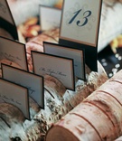 Place Card Table Decor
Photography: CYMBIDIUM
Read More:
http://www.insideweddings.com/weddings/whimsical-outdoor-wedding-with-citrus-toned-florals-in-aspen/242/ Small log holds place cards for a wedding reception