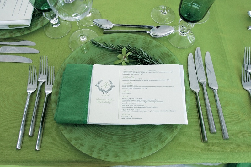Reception Place Setting
Photography: Sherman Chu Photographer
Read More:
http://www.insideweddings.com/weddings/elegant-garden-style-vineyard-wedding-in-sonoma-california/205/ Wedding reception place setting with green tablecloth, napkin, and glasses