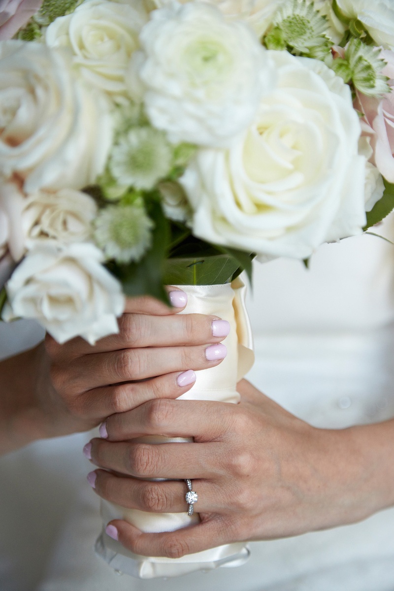 Baby Pink Bridal Nails
Photography: KingenSmith
Read More:
http://www.insideweddings.com/weddings/catholic-ceremony-soft-romantic-fairy-tale-reception-in-chicago/754/ bride with solitaire engagement ring and baby pink bridal nails holding white bouquet