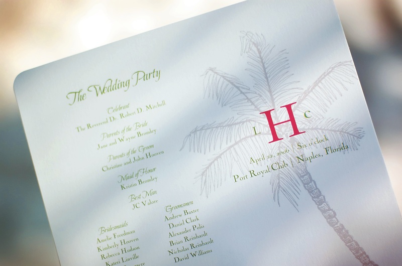 Palm Tree Program
Photography: Mermin + Christie Photographers
Read More:
http://www.insideweddings.com/weddings/tropical-theme-beach-wedding-in-naples-florida/184/ white wedding program with green lettering and palm tree drawing