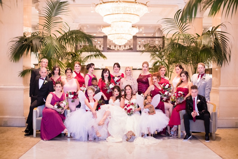 Brides with Wedding Party
Photography: Acqua Photo
Read More:
http://www.insideweddings.com/weddings/balboa-park-wedding-with-wine-inspired-color-scheme-in-san-diego/948/ lesbian wedding, same-sex wedding party with two brides, bridesmen, flower girls in fairy wings