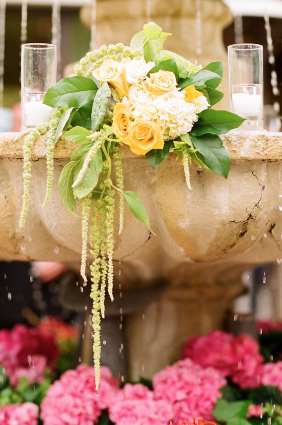 Yellow Rose Reception Decoration
Photography: frame.thirty.six photography
Read More:
http://www.insideweddings.com/weddings/tropical-inspired-spring-wedding-at-the-bel-air-bay-club/236/ Stone fountain wedding decoration with yellow rose and white hydrangea