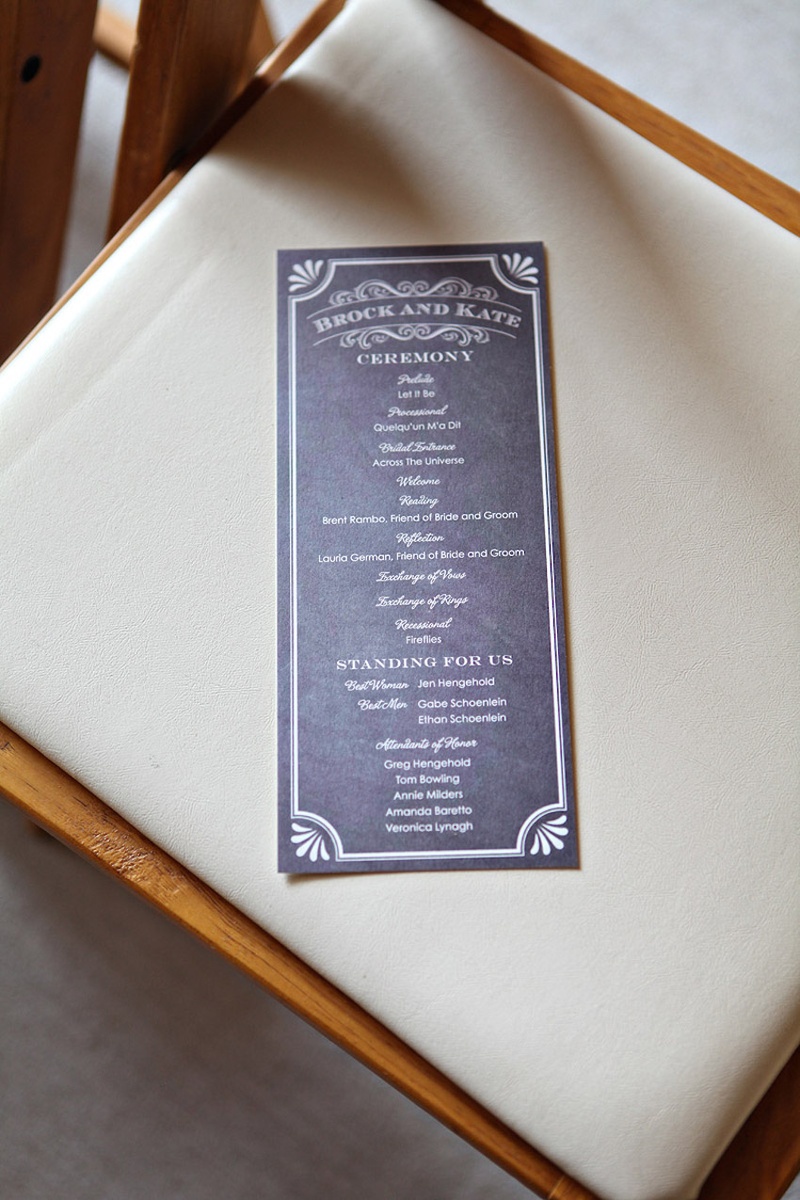 Elegant Grey Ceremony Program
Photography: Stacy Newgent
Read More:
http://www.insideweddings.com/weddings/rustic-barn-wedding-tented-reception-on-family-farm-in-ohio/690/ Wedding ceremony program in slate grey with white type