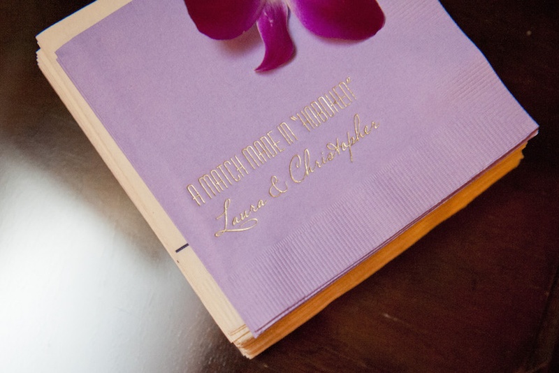 Personalized Cocktail Napkins
Photography: Images by Berit, Inc.
Read More:
http://www.insideweddings.com/weddings/wedding-with-purple-modern-details-at-a-chateau-in-new-jersey/693/ Wedding cocktail napkins with the couple's names and "A Match Made in 'Hoboken'" quote