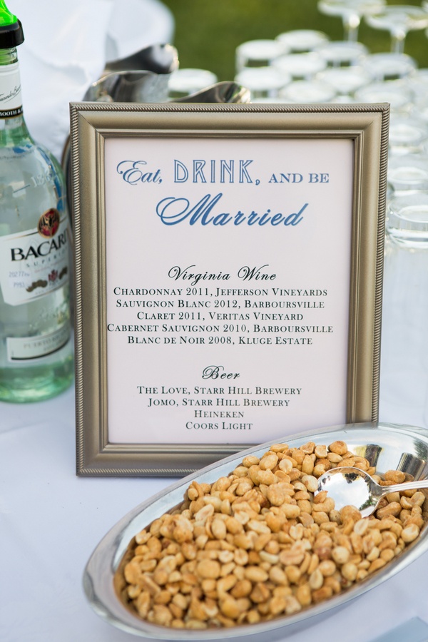 Bar Menu %26 Nuts
Photography: Aaron Watson Photography
Read More:
http://www.insideweddings.com/weddings/classic-virginia-wedding-inspired-by-grace-kellys-elegance/511/ Roasted peanuts at wedding bar with framed menu