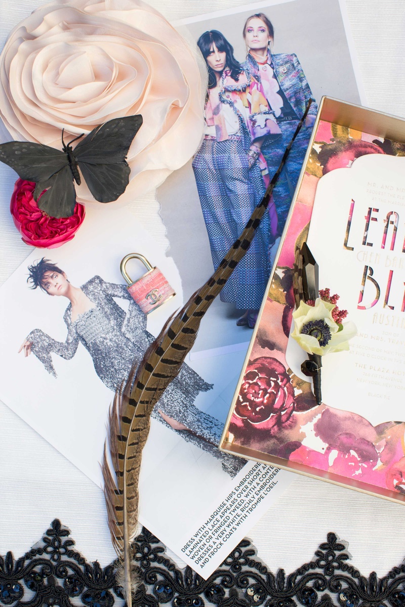 Assortment of Items Inspired by Alexander McQueen and Chanel
Photography: Thisbe Grace Photography
Read More:
http://www.insideweddings.com/weddings/dramatic-wedding-shoot-inspired-by-alexander-mcqueen-chanel/749/ feather fashion clothes ad print black butterfly pink rose stationary