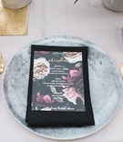 Concrete-Style Charger Plate
Photography: Jessica Claire Photography
Read More:
http://www.insideweddings.com/weddings/unique-chic-bridal-shower-with-dark-and-moody-color-scheme/1335/ bridal shower with grey charger plate designed to look like concrete, gold flatware black handles