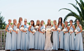 Bridesmaids in Light Blue Dresses
Photography: Laurie Bailey Photography
Read More:
http://www.insideweddings.com/weddings/church-ceremony-elegant-reception-in-the-pacific-palisades/1142/ Bride in ines di santo wedding dress with bridesmaids in light blue gowns white bouquets bel air bay