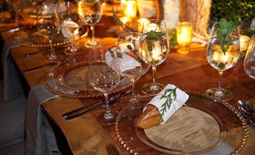 Baguette Place Topper
Photography: Dalal Photography
Read More:
http://www.insideweddings.com/weddings/holiday-wedding-with-woodsy-winter-decor-elements/421/ Beaded charger plates and round menu cards