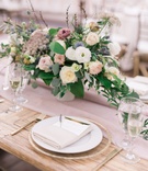 Dusty Rose %26 Lavender Centerpiece
Photography: Anya Kernes Photography
Read More:
http://www.insideweddings.com/weddings/outdoor-wedding-with-dusty-rose-powder-blue-lavender-palette/1288/ wedding reception wood tablee low centerpiece white dusty rose lavender blue greenery gold flatware