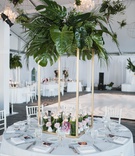 Tropical Greenery Centerpiece
Photography: EDLT Photo
Read More:
http://www.insideweddings.com/weddings/ocean-view-ceremony-featuring-modern-decor-with-a-tropical-twist/1222/ modern tropical wedding reception, gold stand, greenery centerpiece with palm fronds, elephant ears,