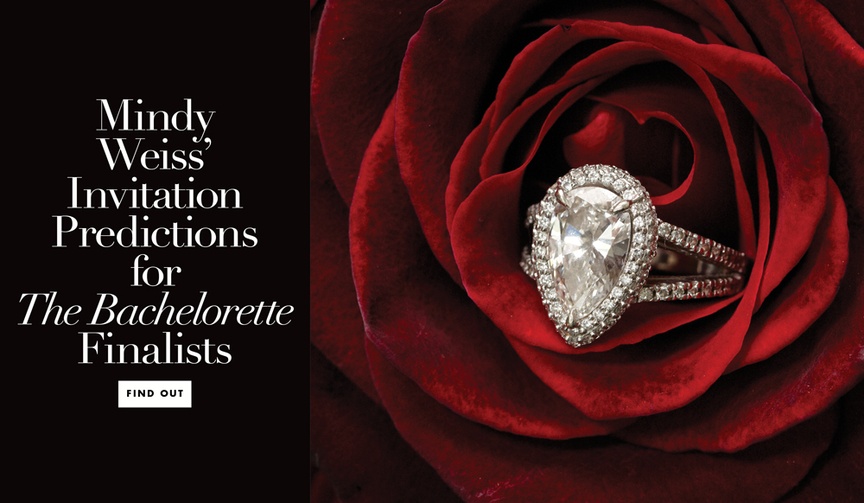 Mindy Weiss' 3 Wedding Invitation Predictions for The Bachelorette
Article: Mindy Weiss' Invitation Predictions for The Bachelorette Finalists
Photography: KingenSmith
Read More:
http://www.insideweddings.com/news/planning-design/mindy-weiss-invitation-predictions-for-the-bachelorette-finalists/3897/ mindy weiss wedding invitation predictions the bachelorette rachel lindsay eric peter bryan finale
