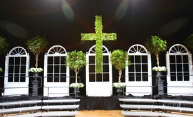 Ceremony Stage Decorations
Photography: Angela R. Talley Studio
Read More:
http://www.insideweddings.com/weddings/a-classic-southern-wedding-in-nashville/233/ Magnolia cross and ficus trees on wedding stage