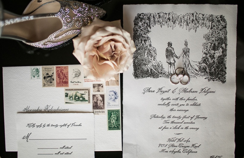 Wedding Invitation with Sketch %26 Vintage Stamps
Photography: Samuel Lippke Studios
Read More:
http://www.insideweddings.com/weddings/glamorous-alfresco-ceremony-ballroom-reception-and-after-party/1041/ Wedding invitation suite calligraphy with sketch illustration of couple and vintage colorful stamps