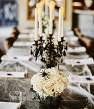 Ivory Roses with Spider Décor
Photography: Stephanie Rogers Photography
Read More:
http://www.insideweddings.com/weddings/spooky-sophisticated-halloween-themed-wedding-reception/1187/ halloween wedding ideas long table cobwebs white rose spider black candelabra taper candles
