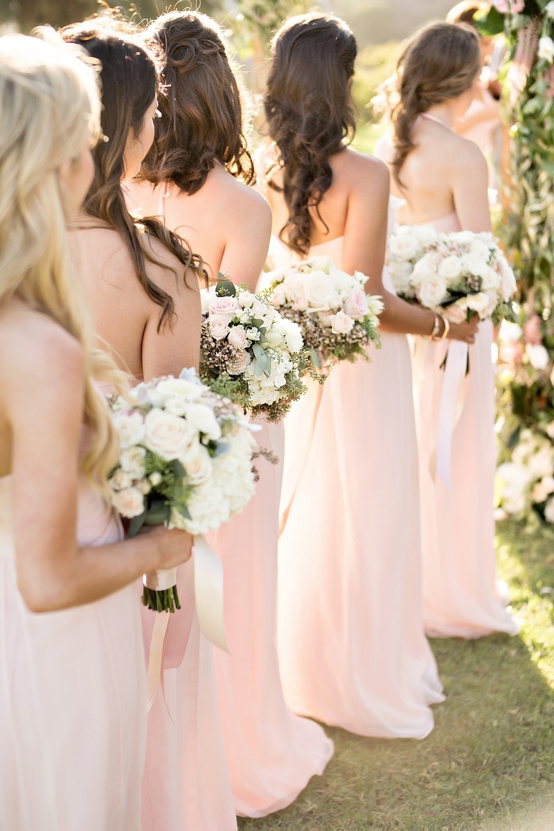 Bridesmaids in Pink, Lined Up
Photography: Laurie Bailey Photography
Read More:
http://www.insideweddings.com/weddings/oceanfront-wedding-ceremony-classic-romantic-ballroom-reception/854/ bridesmaids pink dresses lined up bouquets white pink flowers greenery chiffon fabric wedding