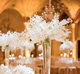 White Floral Centerpieces
Photography: KT Merry Photography
Read More:
http://www.insideweddings.com/weddings/soft-hued-spring-wedding-at-the-breakers-in-palm-beach-florida/581/ Tall fluted vases filled with cascading white orchids