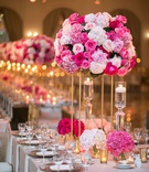 Tall Pink Rose %26 Hydrangea Centerpiece
Photography: John Cain Photography
Read More:
http://www.insideweddings.com/weddings/classic-wedding-with-personalized-details-and-a-pink-gold-palette/1345/ wedding reception gold stand pink hydrangea rose peony flowers floating candles rectangle table