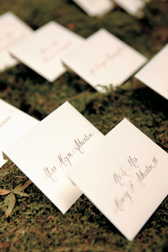 Simple Escort Cards
Photography: Gruber Photographers
Read More:
http://www.insideweddings.com/weddings/english-garden-inspired-fall-wedding-in-new-york-city/210/ Ivory seating card envelopes on moss