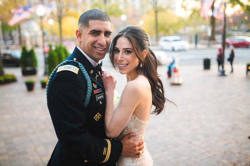 Carsen Zarin %26 Florent Groberg
Photography: Mantas Kubilinskas Photography
Read More:
http://www.insideweddings.com/weddings/sophisticated-ceremony-ballroom-reception-in-washington-dc/1296/ wedding couple portrait groom in military uniform bride in strapless gown ponytail hairstyle