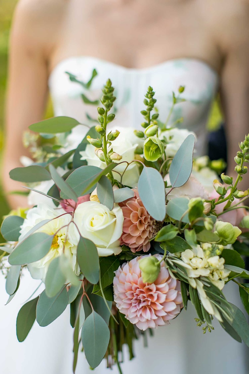 Rose, Dahlia %26 Greenery Bouquet
Photography: Vue Photography
Read More:
http://www.insideweddings.com/weddings/destination-rustic-fall-wedding-at-a-farm-in-north-carolina/1202/ wedding bouquet greenery pink dahlia white rose bride in strapless wedding dress flower design